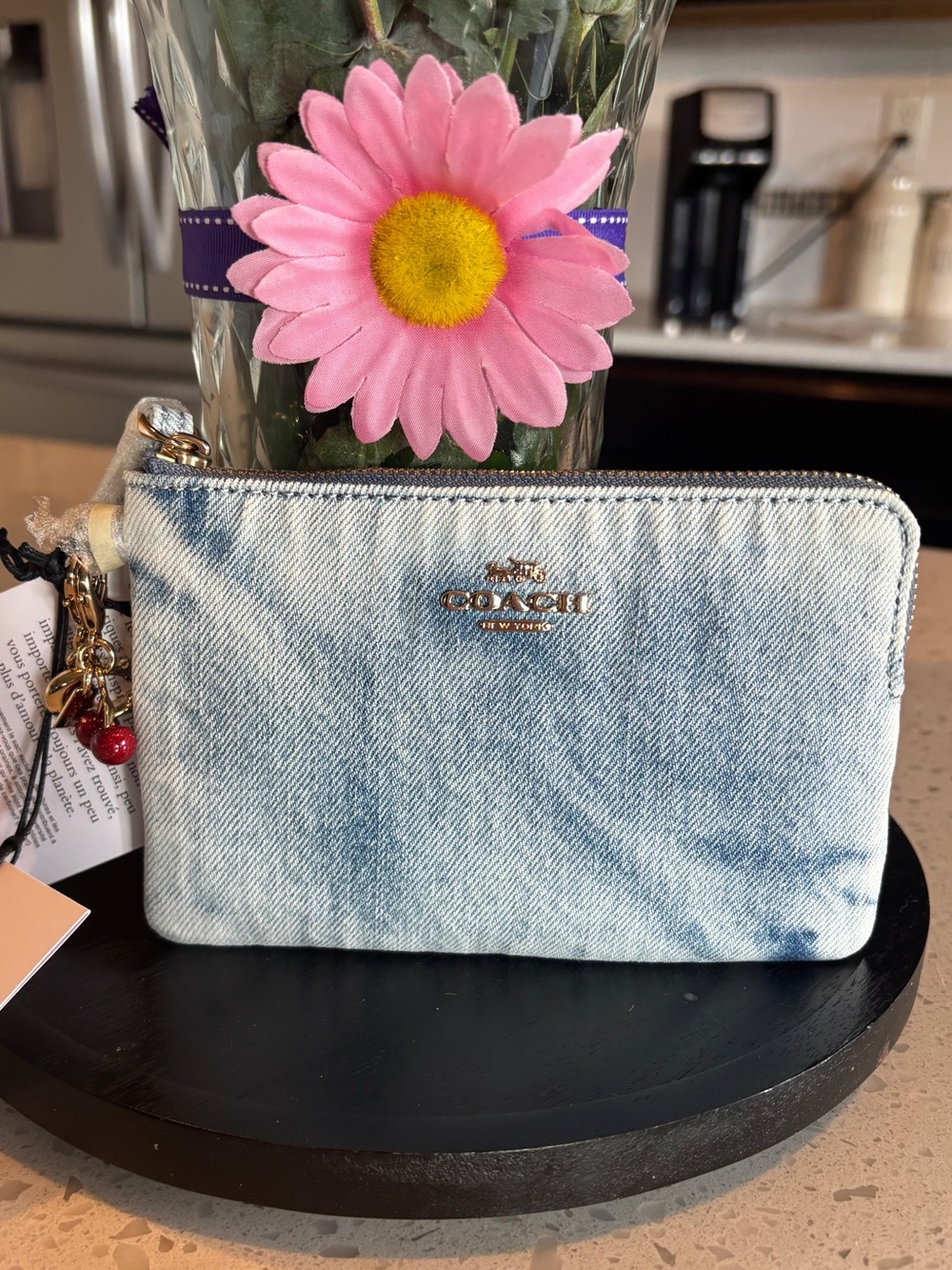 Coach Loved Denim Indigo Blue Wristlet Bag with Cherry 🍒 & Gold C Charms! NEW